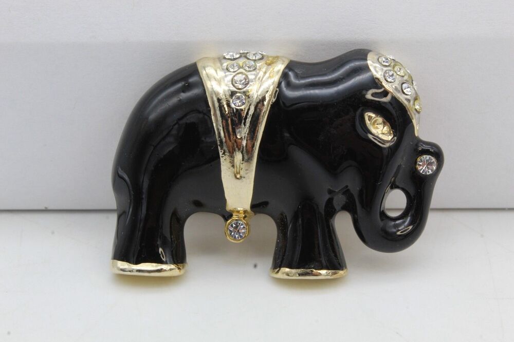 Black Enamel Elephant Brooch Gold Tone Rhinestones Standing Trunk Up Pin Vintage